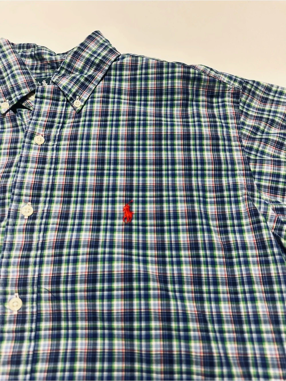 Ralph Lauren Classic Fit Plaid Button Down Shirt 15.5 Blue Cotton Red Pony